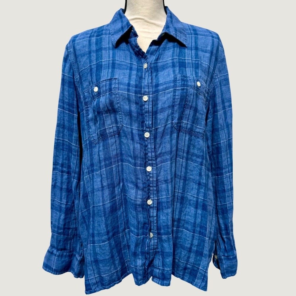 Lauren by Ralph Lauren Blue Plaid 100% Linen Button Down Shirt Womens XL